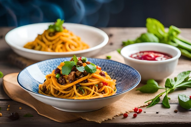 スパゲッティが 2 杯あり、もう 1 杯にはソースが添えられています