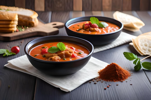 Two bowls of tomato soup on a table with bread and spices