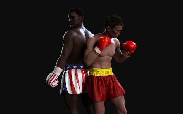 Two boxer fighting US and China flag trading punches 