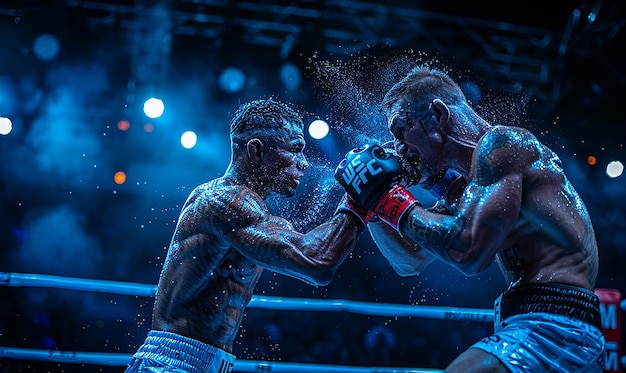 Photo two boxers are fighting in a boxing ring with the word  on it