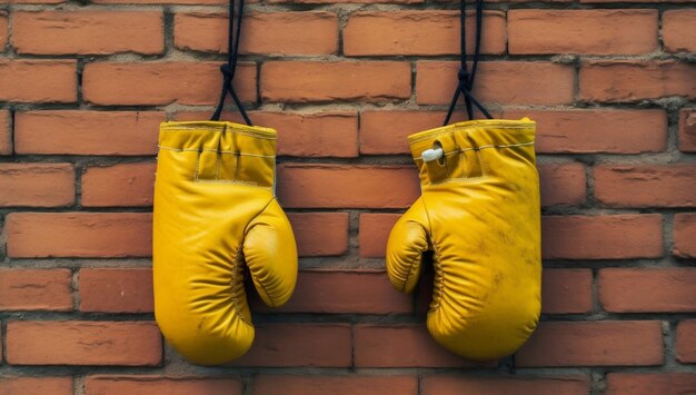 Two boxing gloves hanging on a brick wall