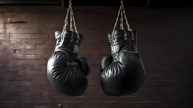 Two boxing gloves hanging from a brick wall