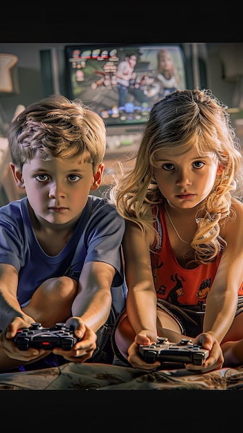 Фото Двое мальчиков играют в видеоигру, один из них держит контроллер. сцена веселая и игривая.