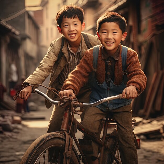 two boys are riding a bike with a boy on the front