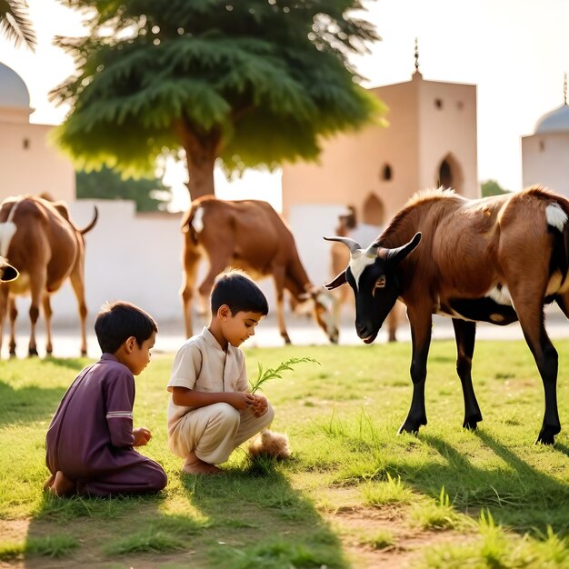 two boys are sitting in the grass with cows and cows