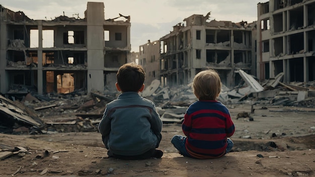 Two boys are sitting on the ruins of a building destroyed by the war