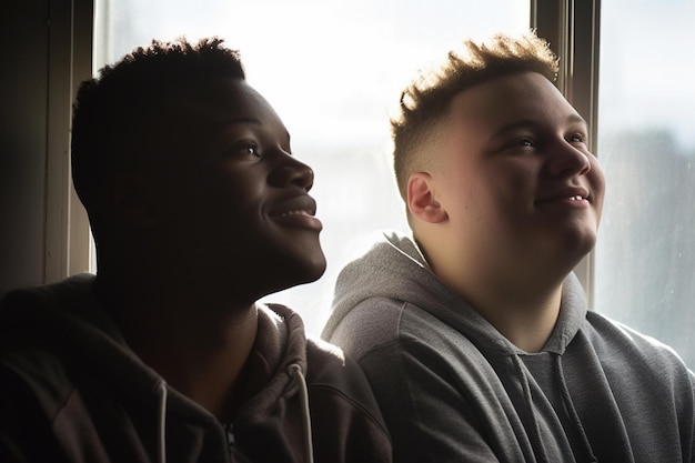 two boys are smiling and one is wearing a gray hoodie.