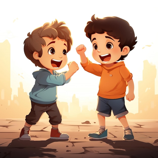 two boys are standing in front of a city wall and one has a smile on his face