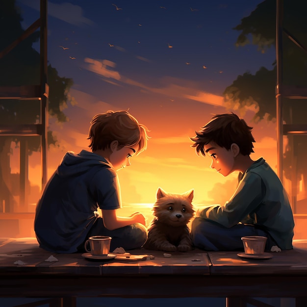 two boys camping in sunset freindship with a dog