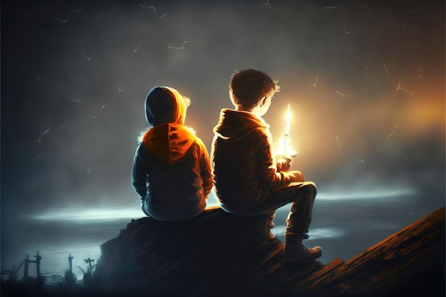 Two boys on the cliff Two brothers sitting on the cliff and looking at the mysterious glowing light Digital art style illustration painting