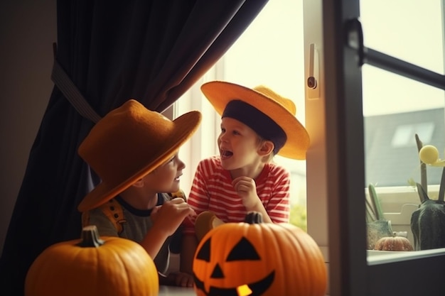 カウボーイハットをかぶった二人の少年がハロウィーンのカボチャの前に座っている