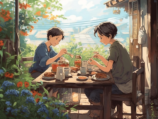 Two boys eating at a table with a view of a garden and a tree with flowers in the background.