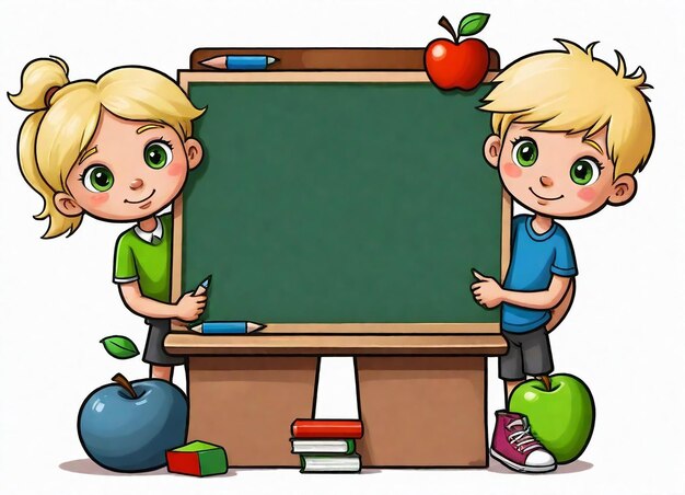 two boys in front of a board with an apple on it