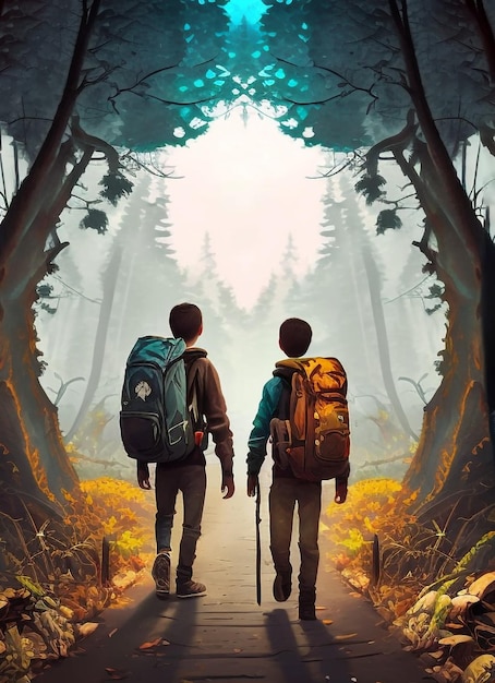 Two boys go hiking with backpacks on a forest road bright sunny day