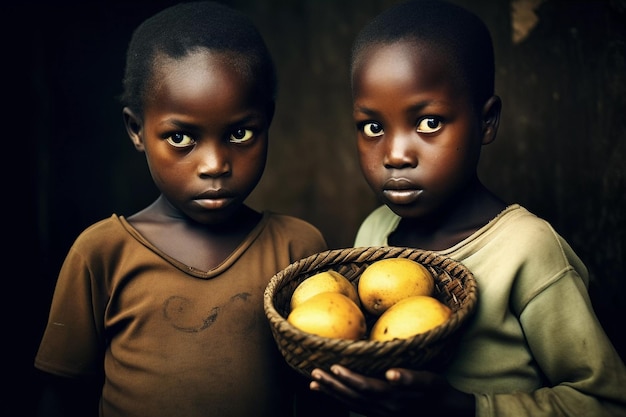 Two boys holding a basket of eggs with the word " on it. "
