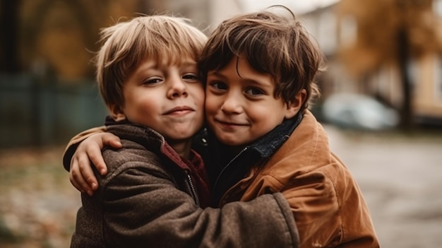 Two boys hugging each other, one of which is wearing a brown jacket.