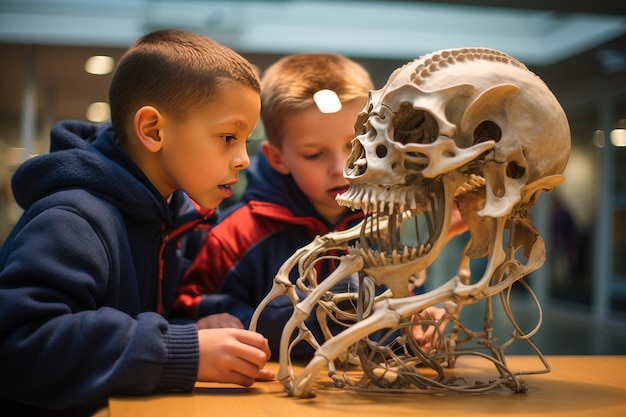 Two boys inspecting an anatomical model