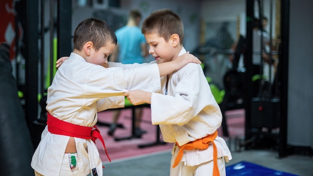 Two boys in kimono practicing martial arts in the ring of a gym