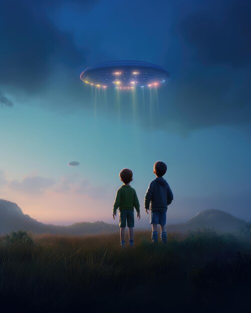 Photo two boys looking at a ufo that is being flown by a boy.