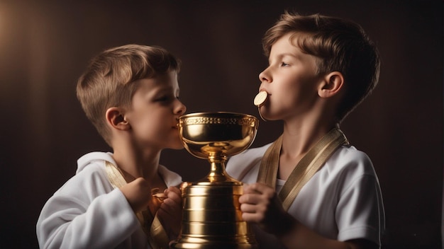 two boys, one wearing the gold medal, are kissing a trophy.