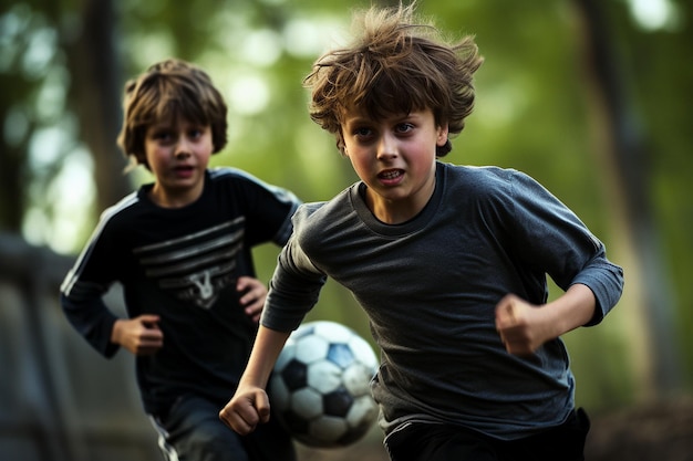 Двое мальчиков играют в футбол в футбольных футболках.