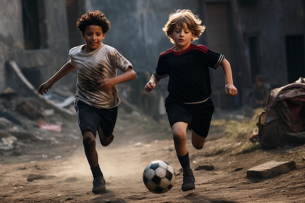 Two boys playing football wearing football shirts