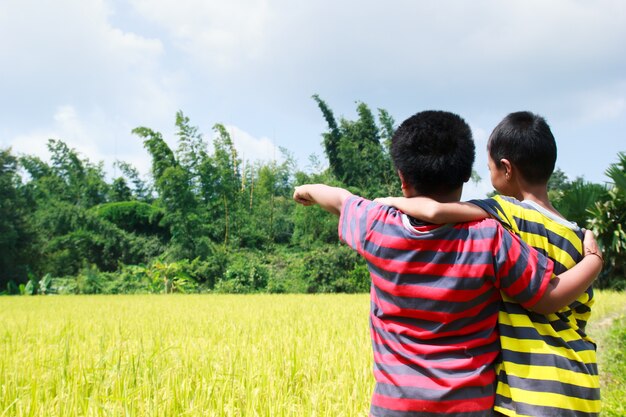 Two boys playing in rice farm.