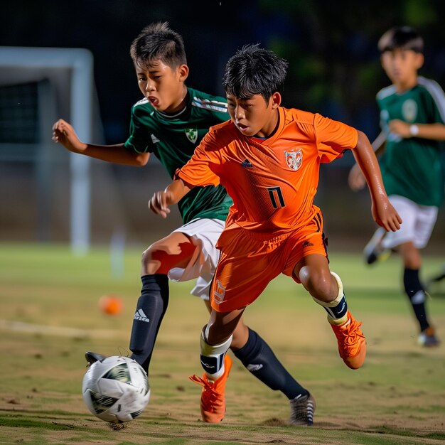 Photo two boys playing soccer with one wearing the number 11 on their shirt