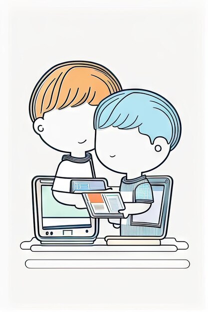 Two boys playing tablet Continuous line drawing Vector illustration