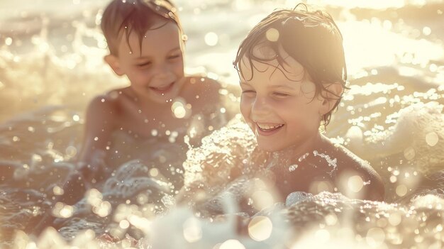 Photo two boys playing in the water