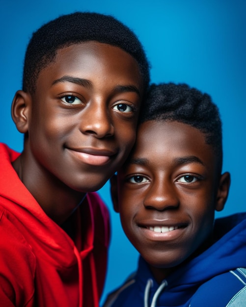 two boys posing for a photo with a blue background.
