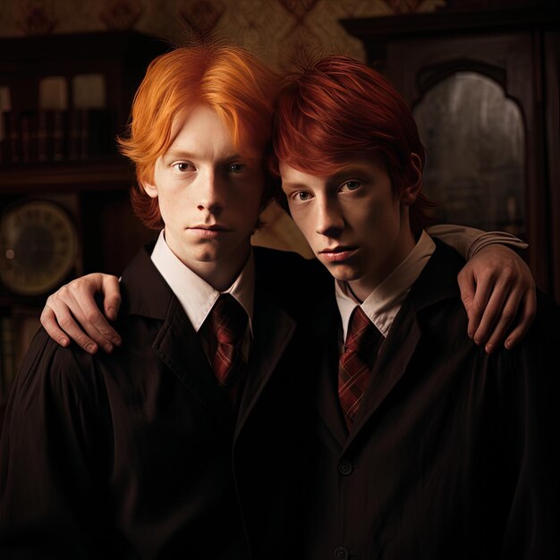 Photo two boys posing for a photo with one wearing a jacket that says  the other is a boy