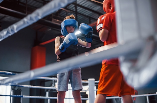 Two boys in protective equipment have sparring and fighting on the boxing ring.