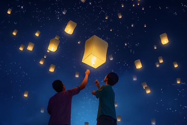 Two boys release a paper lantern into the sky