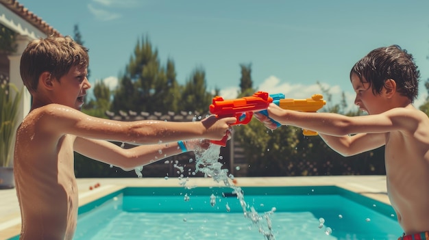 Foto due ragazzi si sparano a vicenda con pistole d'acqua davanti a una piscina