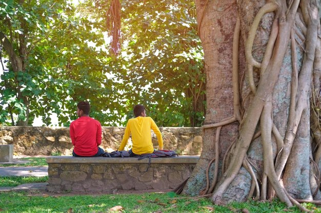 Two boys sitting on a wall in a park wearing a red and yellow shirts