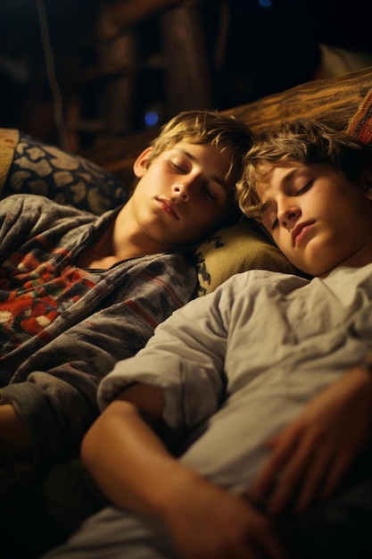 Photo two boys sleeping on sofa while holding games consoles