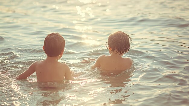 水の中で泳ぐ2人の少年