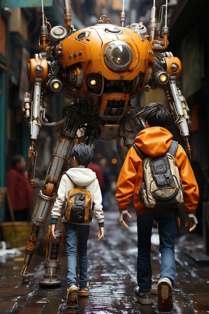 два мальчика идут перед большим роботом