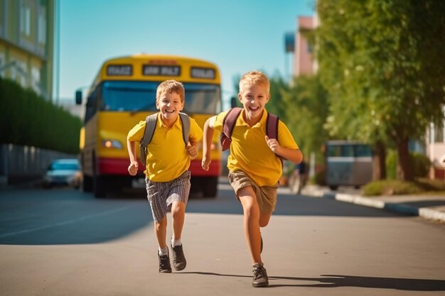 Photo two boys wearing yellow shirts are running down a street with a school bus behind them