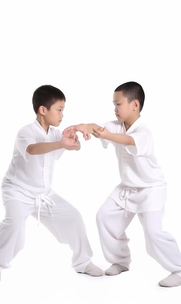 Two boys in white kimono fighting with each other