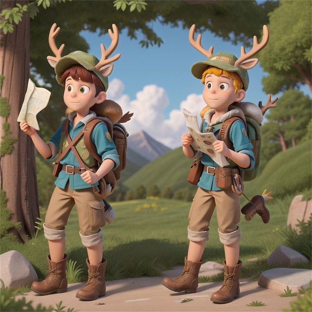 two boys with backpacks and backpacks with a mountain in the background.
