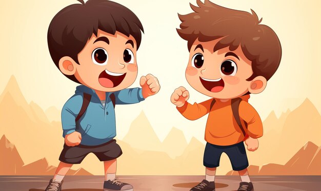 two boys with backpacks in front of a mountain