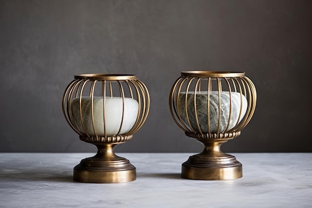 Two brass bird cage lamps with a dark background.