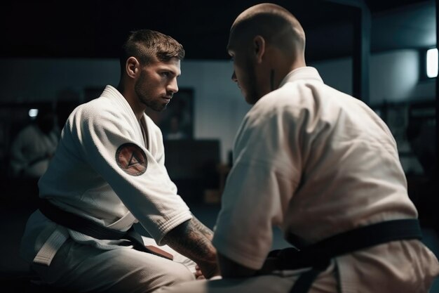 Two brazilian jiu jitsu fighters training on tatami Generative AI