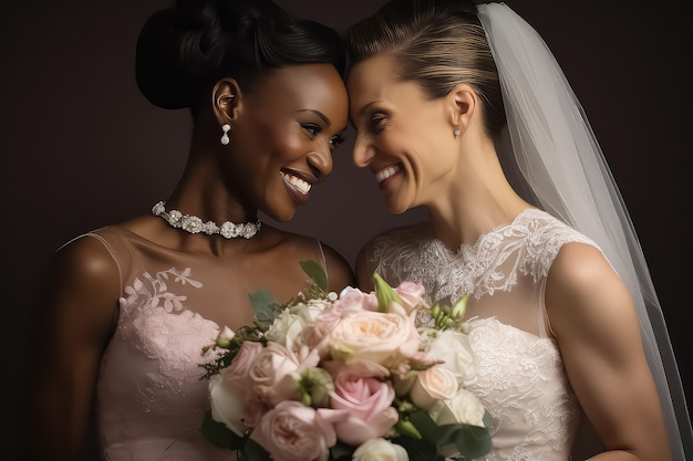 Two brides women lesbians in a white dress