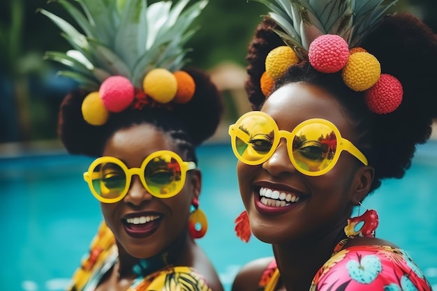 Две яркие африканские девушки весело проводят отпуск в солнцезащитных очках и с ананасовыми прическами