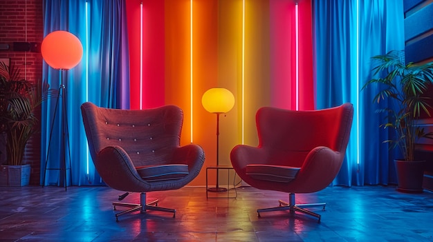 서로 반대편에 있는 두 개의 밝은 의자 두 명의 반대자 사이의 대화 개념 빨간 벽에 대한 파란색과 분홍색 의자