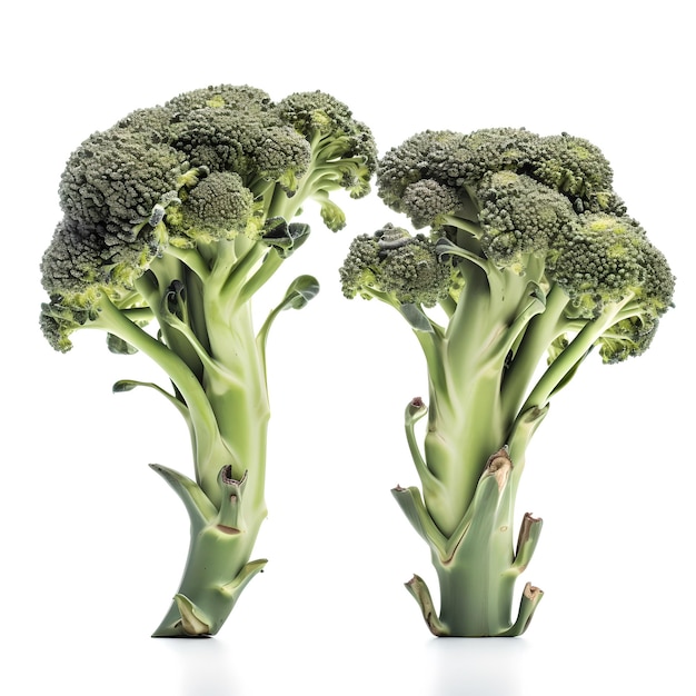 Two broccoli heads are shown with white background