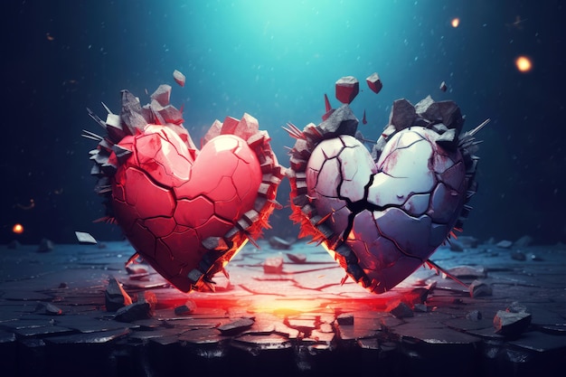 Two broken hearts concept of love heartbreak end of love